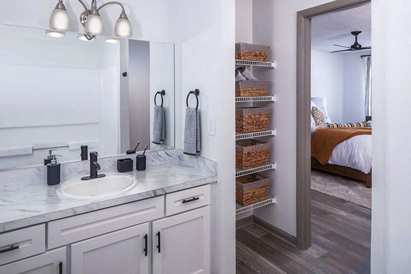 Modern bathroom with sleek fixtures at The Oakley Apartments