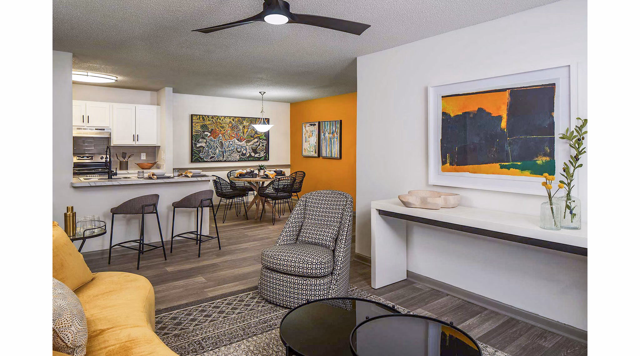 Stylish living room with modern furniture at The Oakley Apartments