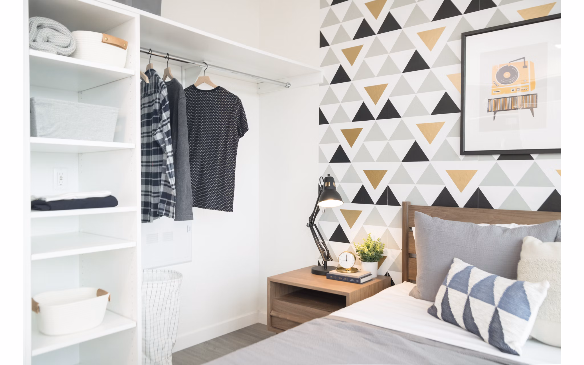 Cozy bedroom with modern decor at The Parsonage Apartments