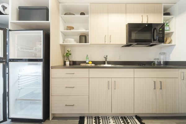 Modern kitchen with sleek countertops and stainless steel appliances at The Parsonage Apartments
