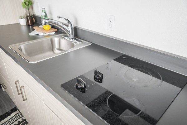 Modern kitchen with stainless steel appliances in The Parsonage Apartments, inviting luxury living in a premier community