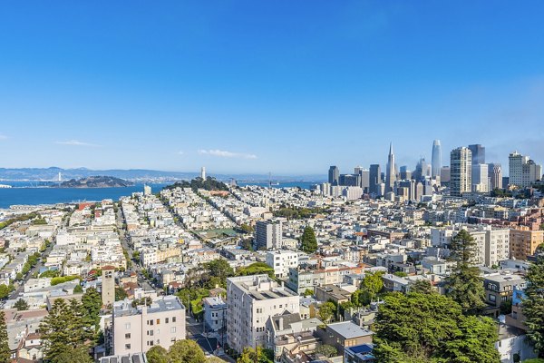 Cityscape view from high-rise balconies at 1000 Chestnut Apartments, offering luxury living in the heart of San Francisco