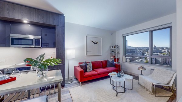 Spacious living room with modern design elements at 1177 Market Apartments in San Francisco