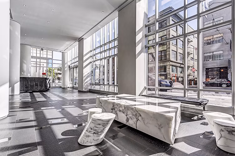 Modern clubhouse lobby with elegant seating area at 1188 Mission Apartments