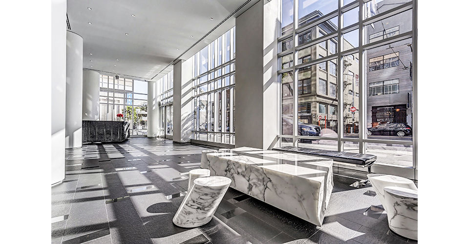 Modern clubhouse lobby with elegant seating area at 1188 Mission Apartments