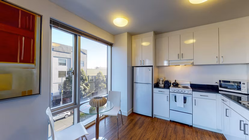 Dining room with stylish modern decor at 1188 Mission luxury apartments