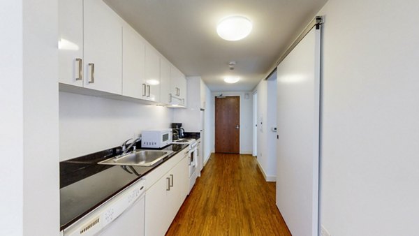 Modern kitchen with stainless steel appliances at 1188 Mission Apartments, luxury living space in the heart of San Francisco