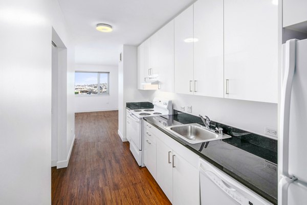 Contemporary kitchen with stainless steel appliances at 1190 Mission Apartments, a luxury Greystar property in San Francisco