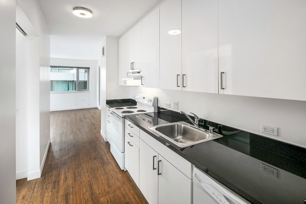 Modern kitchen featuring stainless steel appliances and granite countertops in 1190 Mission Apartments, luxury living in San Francisco