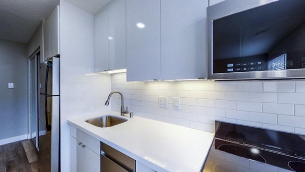 Modern kitchen with stainless steel appliances at 230 Dolores Apartments