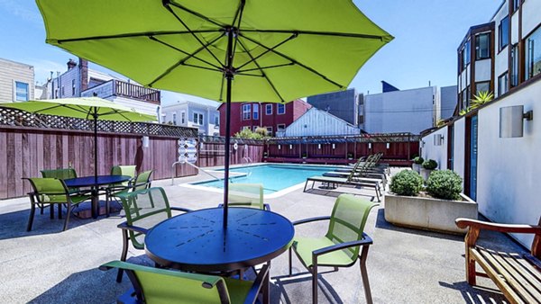 Modern pool and patio area at 230 Dolores Apartments offering luxury relaxation in a vibrant urban setting