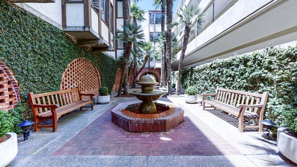 Tranquil courtyard with lush greenery at 230 Dolores Apartments, a Greystar luxury apartment community in the heart of San Francisco