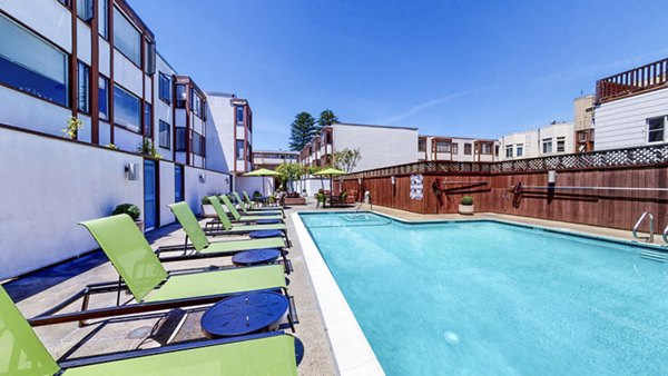 Luxurious outdoor pool at 230 Dolores Apartments with poolside seating and lush landscaping, perfect for relaxation