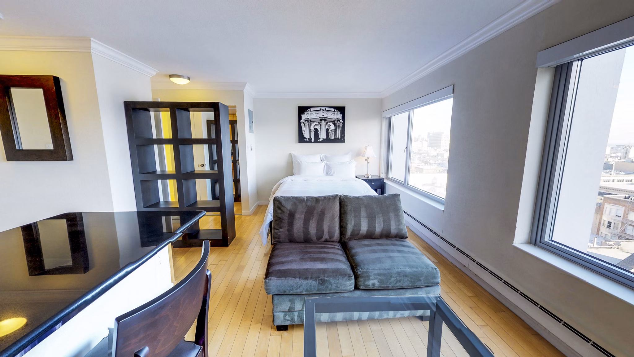 Cozy bedroom with modern decor at Clay Park Tower Apartments, luxury living space with stylish furnishings and ample natural light
