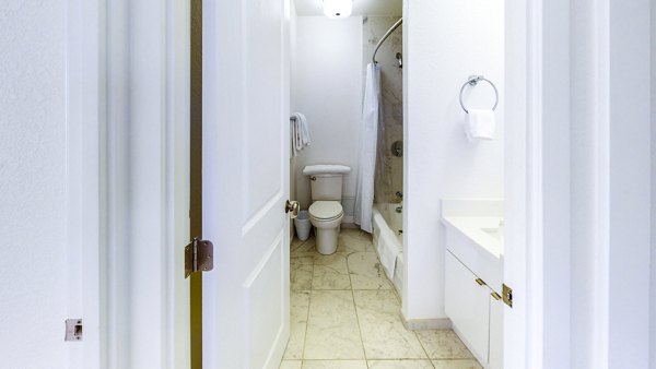 Modern bathroom with sleek fixtures at Clay Park Tower Apartments, offering luxury living in a prime location