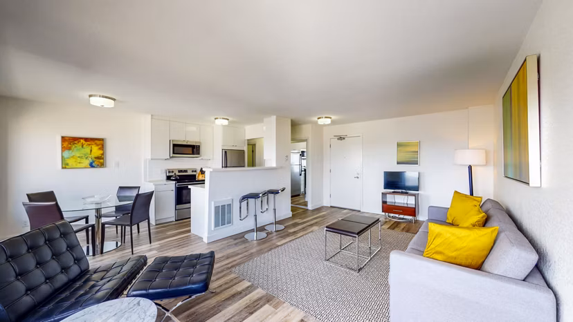 Modern living room with chic furnishings at Clay Park Tower Apartments