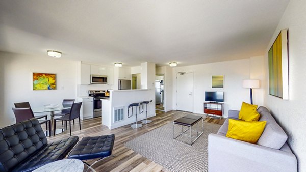 Modern living room with chic furnishings at Clay Park Tower Apartments