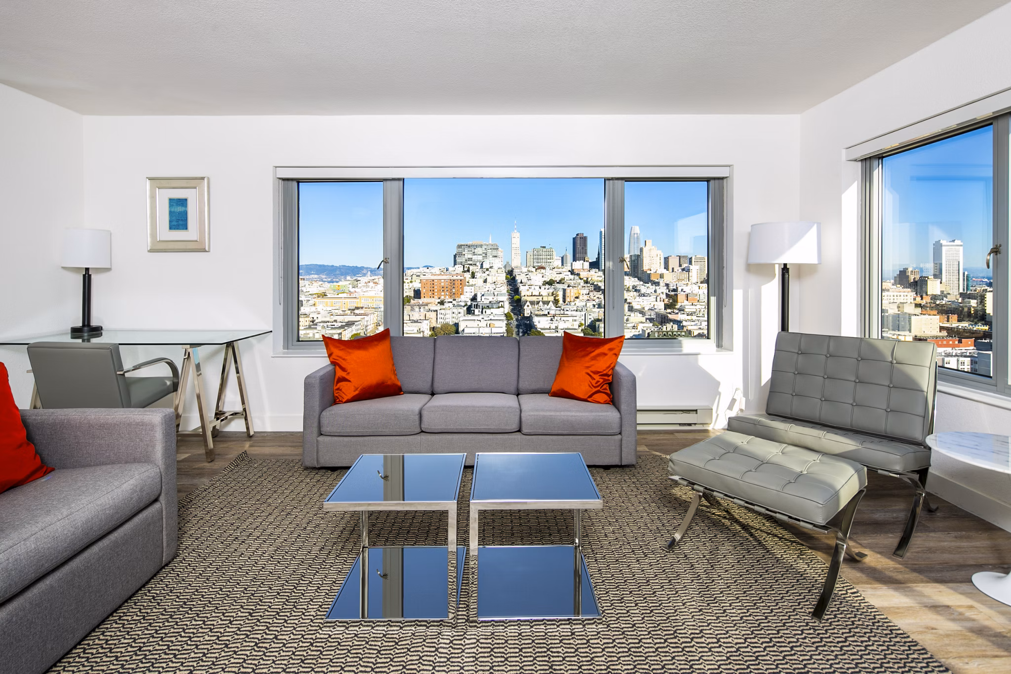 Spacious living room with modern decor in Clay Park Tower Apartments