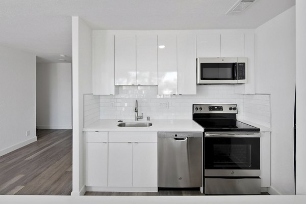 Modern kitchen featuring stainless steel appliances and granite countertops in Crystal Tower Apartments