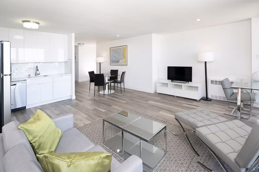 Spacious living room with modern decor at Crystal Tower Apartments luxury community