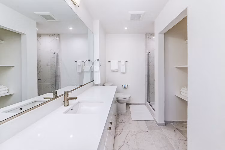 Modern bathroom with sleek fixtures and soft lighting at Marina Cove Apartments, luxury living by Greystar