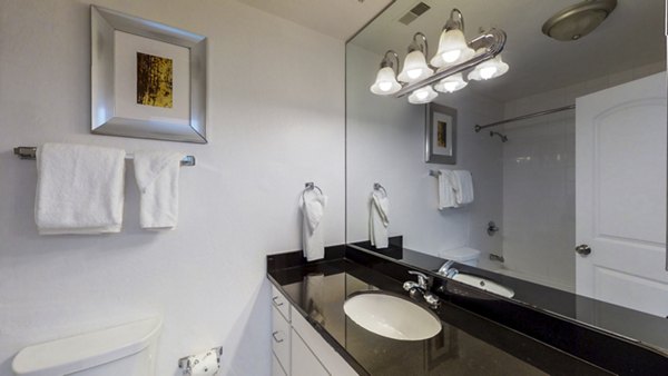 Bathroom featuring elegant marble countertops and modern fixtures at Marina Cove Apartments, Greystar luxury apartments in scenic waterfront location