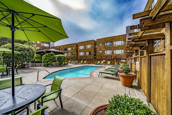 Sparkling outdoor pool at Marina Cove Apartments with sun loungers and palm trees, perfect for relaxation and leisure activities