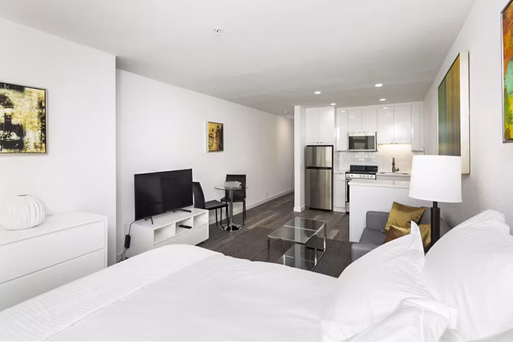 Elegant bedroom featuring modern design at Telegraph Hill Apartments