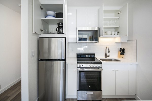 Modern kitchen with stainless steel appliances at Telegraph Hill Apartments, offering luxury living in the heart of the city