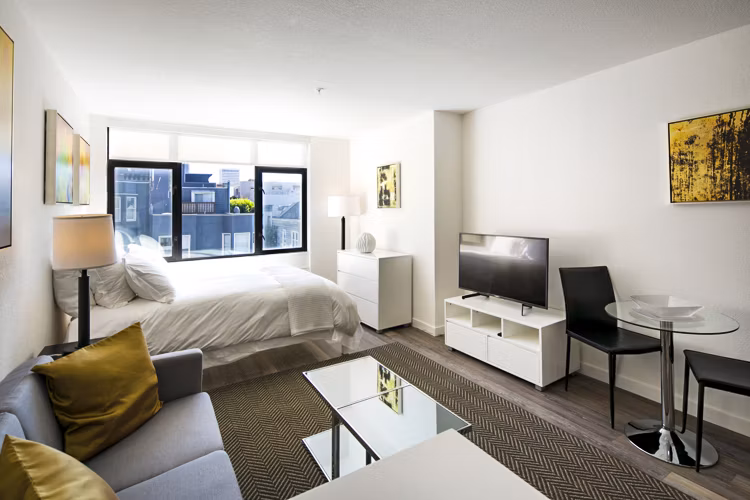 Spacious living room with contemporary design at Telegraph Hill Apartments luxury rental