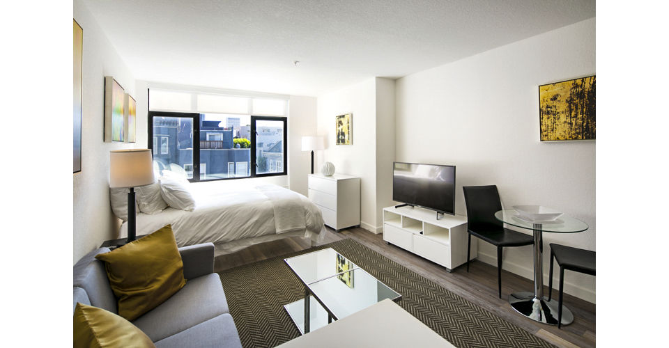 Spacious living room with contemporary design at Telegraph Hill Apartments luxury rental