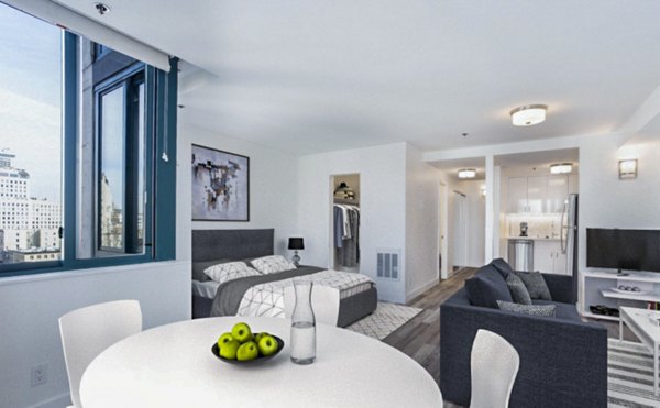 Elegant dining room with modern dÃ©cor at Trinity Towers Apartments, a Greystar luxury property featuring premium apartments and amenities