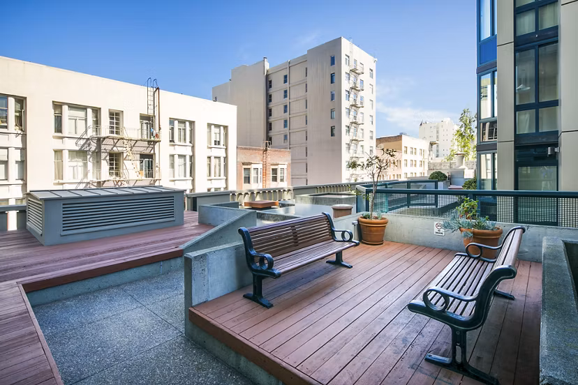 Scenic patio view at Trinity Towers Apartments, a luxury high-rise by Greystar in vibrant city setting