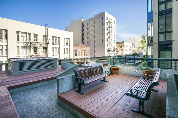 Scenic patio view at Trinity Towers Apartments, a luxury high-rise by Greystar in vibrant city setting