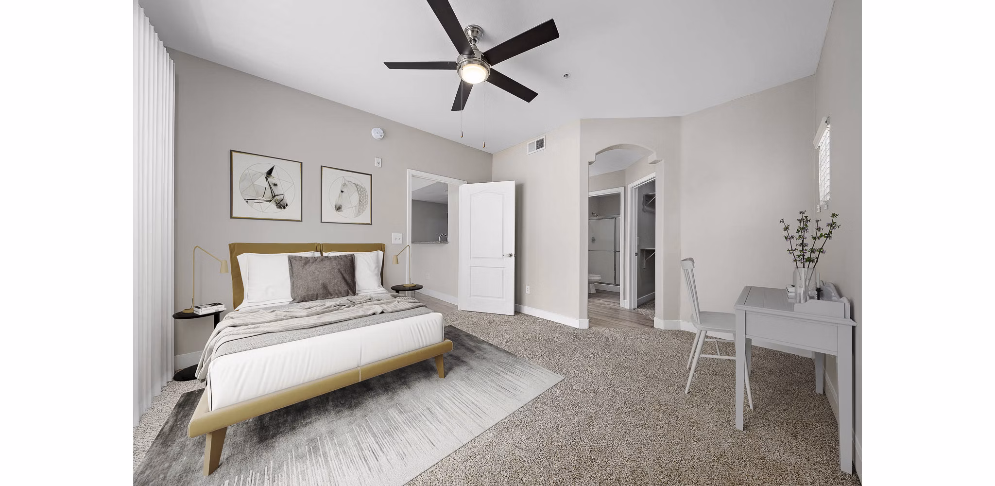 Bedroom featuring modern furnishings and city views at The Met at 3rd and Fillmore Apartments