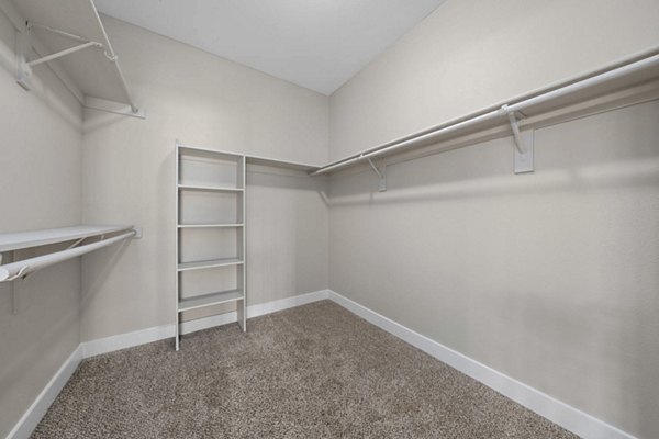 Walk-in closet with custom shelving in The Met at 3rd and Fillmore Apartments