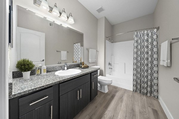 Luxury bathroom with modern fixtures at The Met at 3rd and Fillmore Apartments, a Greystar community