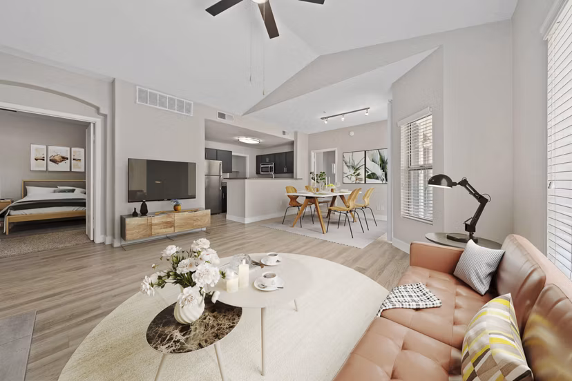 Modern living room with sleek design and natural light at The Met at 3rd and Fillmore Apartments in Phoenix, a Greystar luxury community