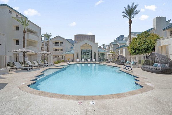 Resort-style outdoor pool at The Met at 3rd and Fillmore Apartments, offering luxury relaxation and recreation in a vibrant community setting