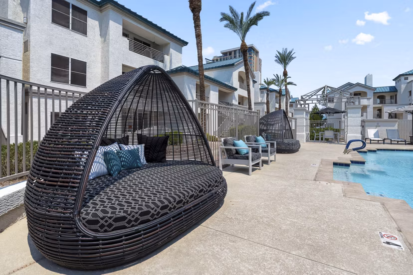 Rooftop pool with city views at The Met at 3rd and Fillmore Apartments