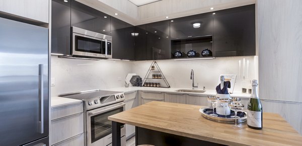 Modern kitchen with sleek appliances at 33 8th St Apartments