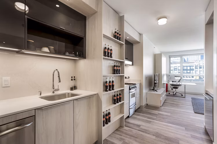 Modern kitchen with stainless steel appliances and quartz countertops at 33 8th St Apartments