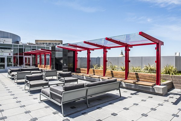 Relaxing patio with modern furniture at 33 8th St Apartments