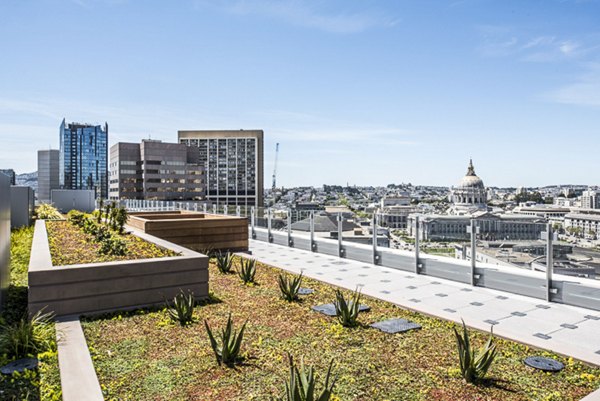 Private balcony at 33 8th St Apartments with patio seating and city views