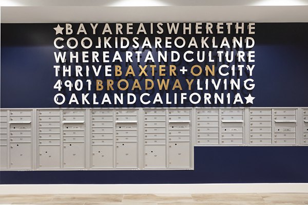 Mail room with secure parcel lockers at Baxter on Broadway Apartments
