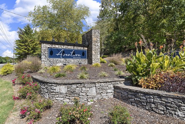 Contemporary signage at Aventura Bellevue Apartments, luxury community in Bellevue