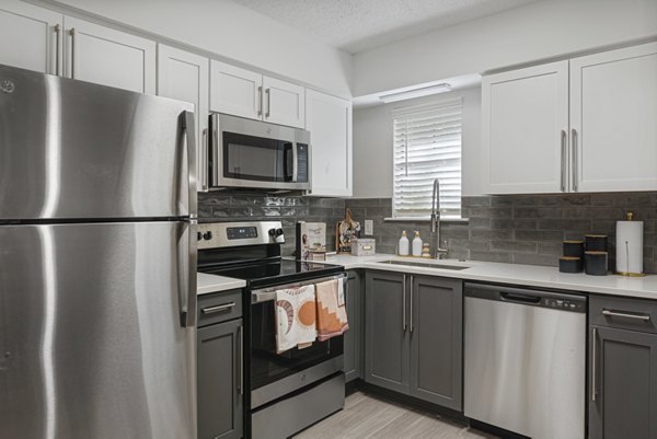 Modern kitchen with stainless steel appliances and granite countertops in Aventura Bellevue Apartments Luxurious living with Greystar's high standards