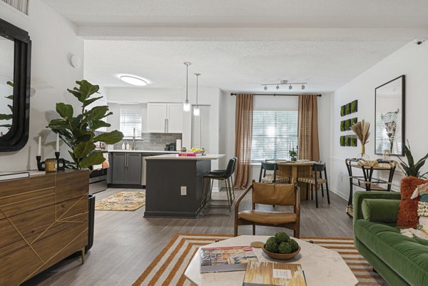 Modern living room with elegant furnishings in Aventura Bellevue Apartments, luxury rental by Greystar