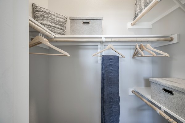 Walk-in closet with ample storage space in Wingspan at Bridgeland Apartments