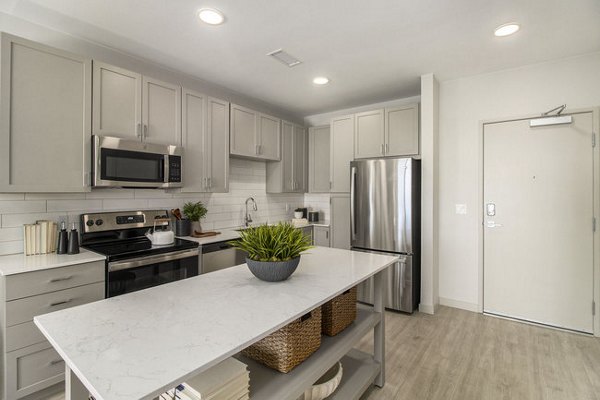 Modern kitchen with stainless steel appliances at AVRA at RidgeGate Station Apartments